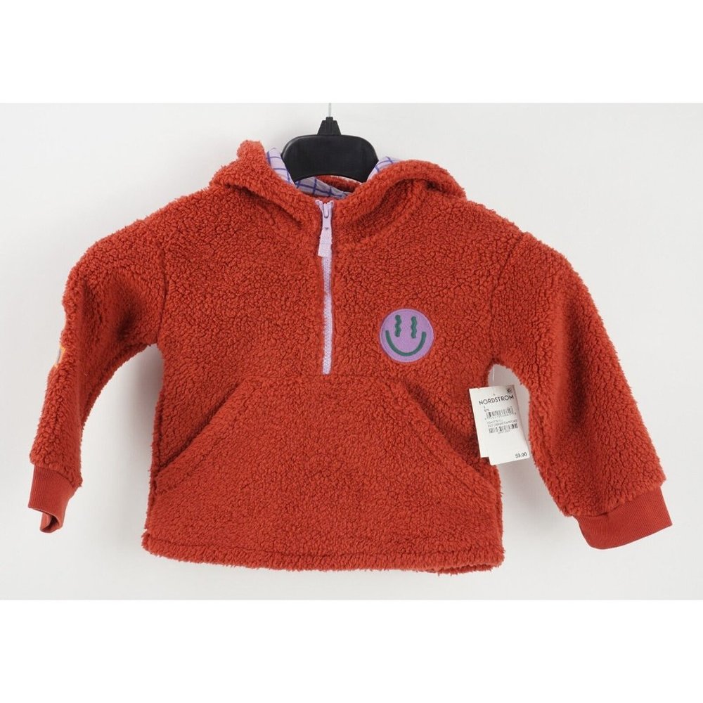 New Open Edit Kid's Size 3 Rust Red Sherpa Fleece Patch Half Zip Anorak Hoodie